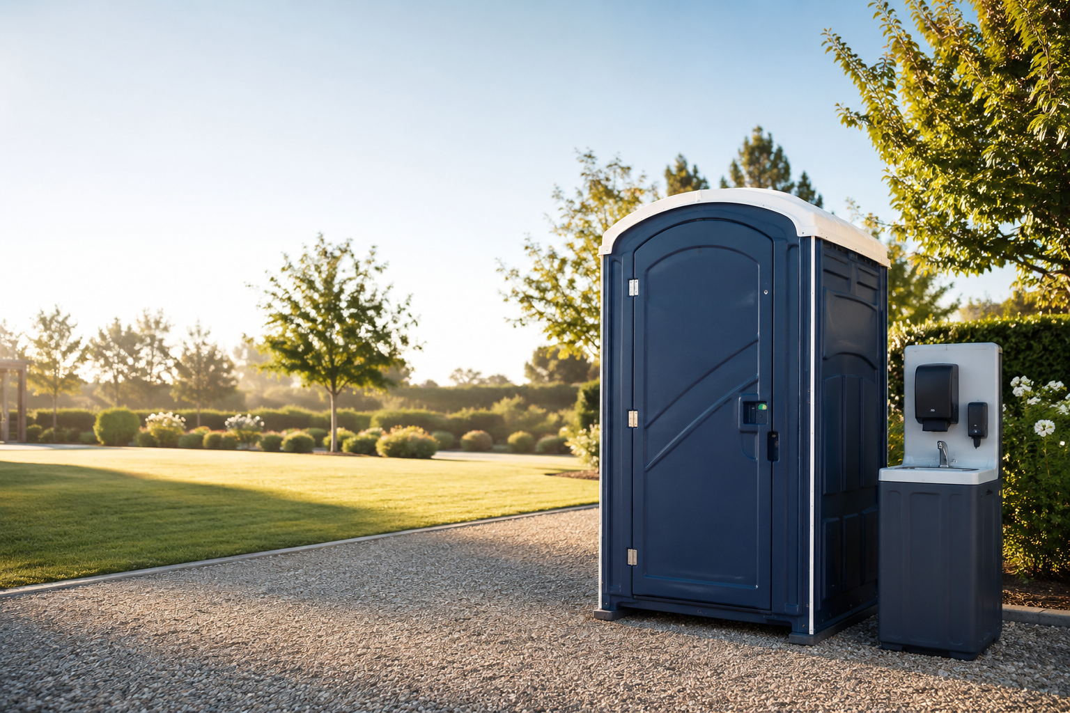 Clean navy portable restroom and handwashing station at an outdoor venue